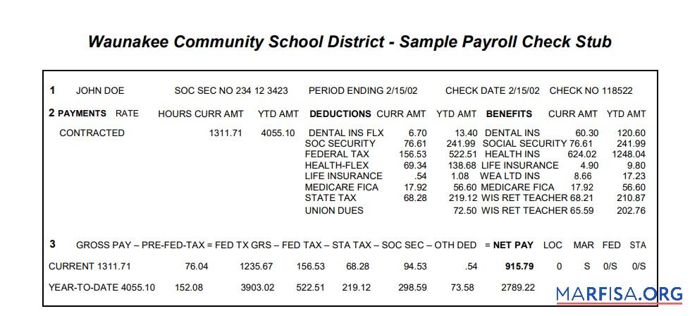 Waunakee Community школа District payroll check stub образец