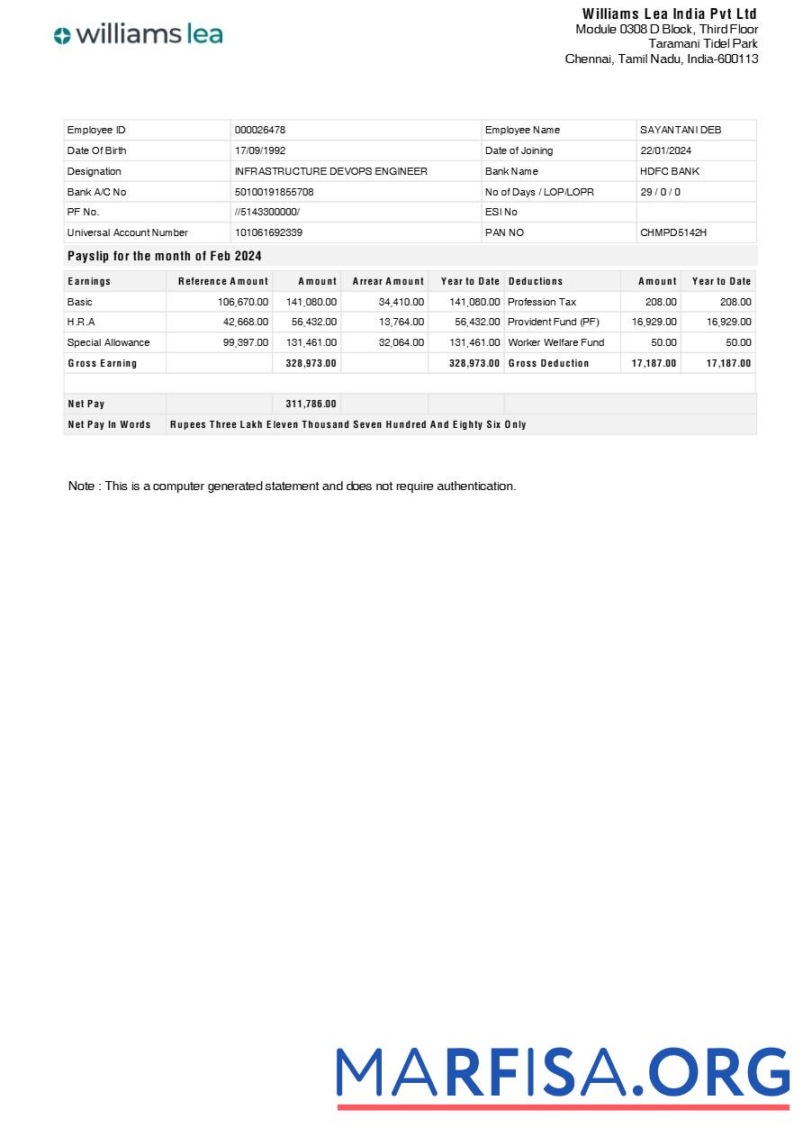 Williams Lea Индия corporate office payslip дизайн