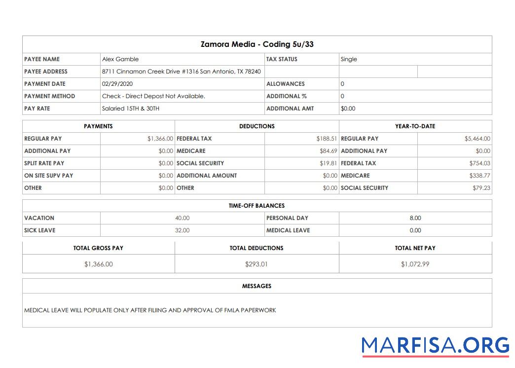Zamora Media Coding pay stub образец