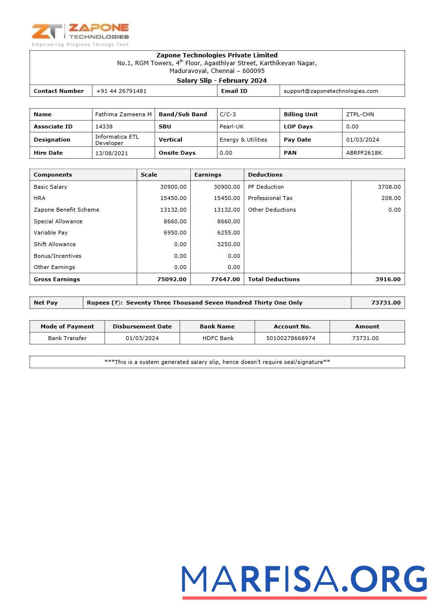 Zapone Technologies payslip дизайн