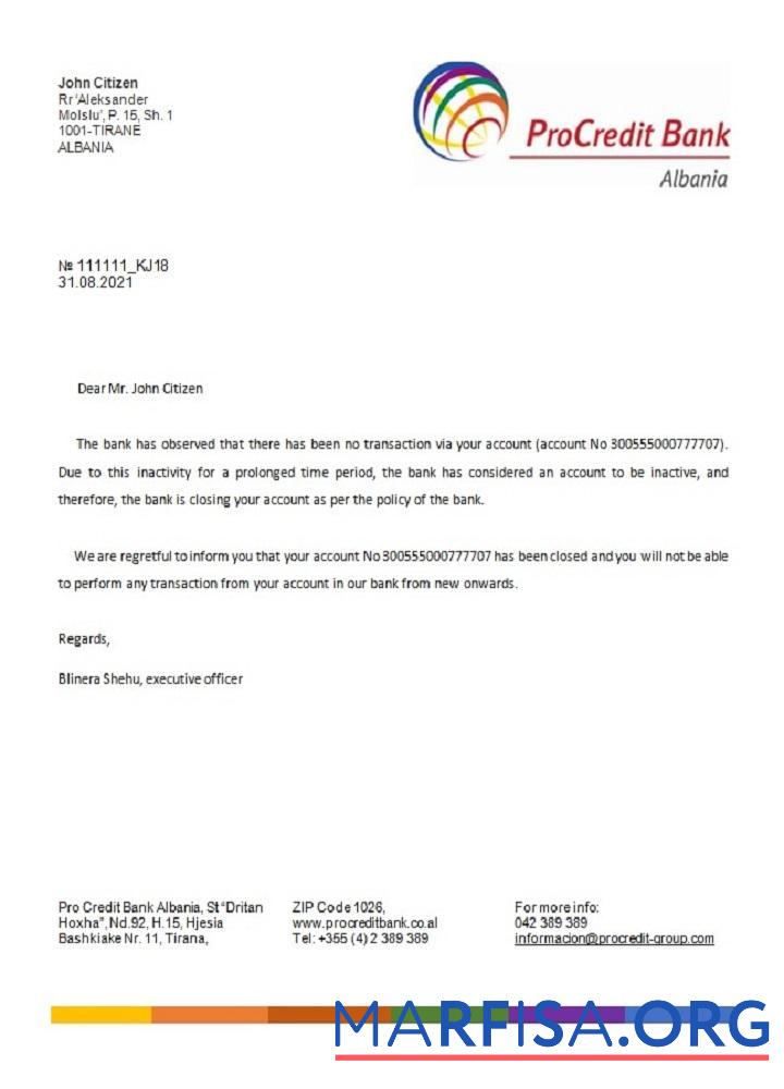 Албания Procredit closure Справка предпросмотр