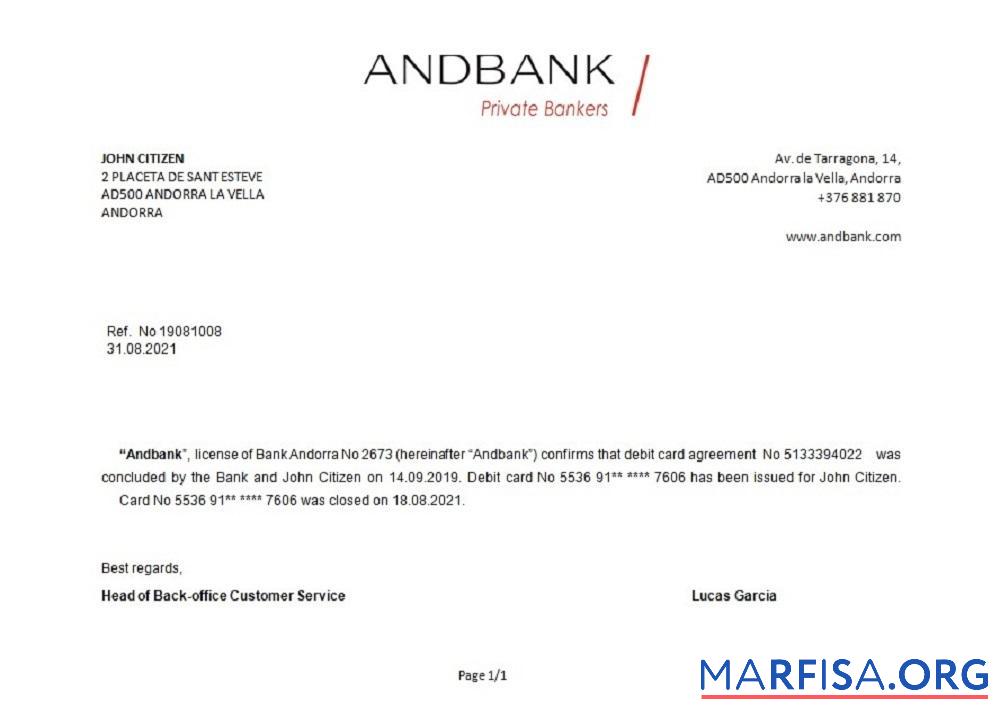 Андорра Andbank Банковский closure Справка макет