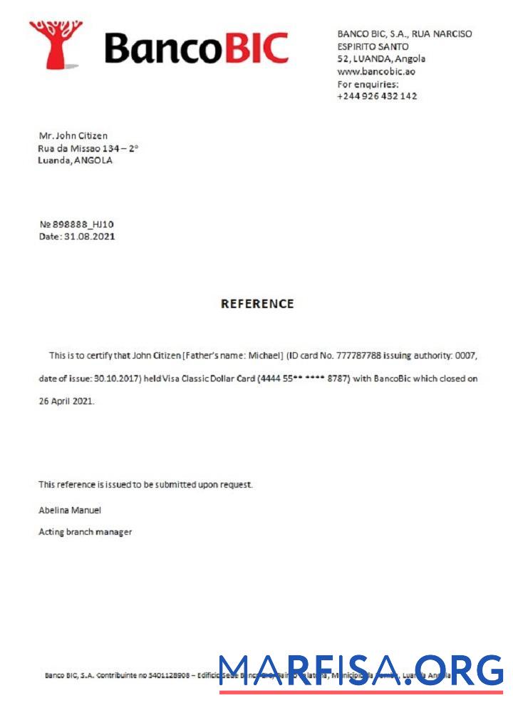 Ангола Bancobic closure Справка шаблон