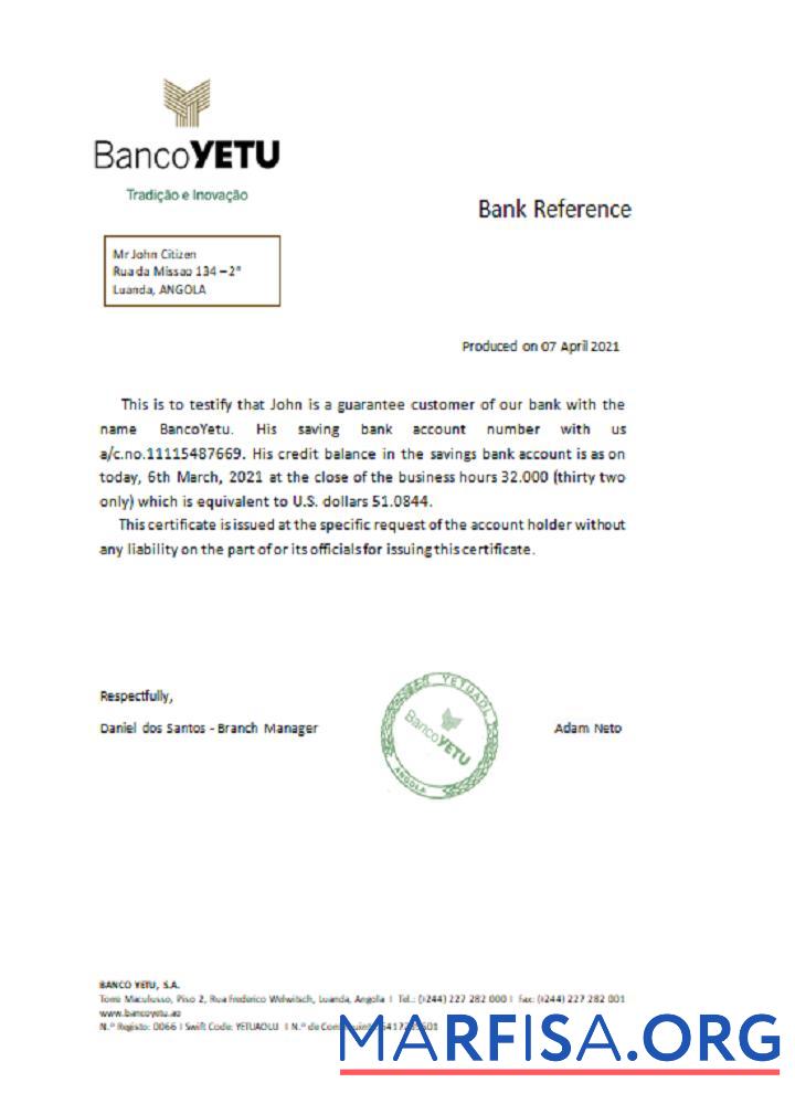 Ангола Bancoyetu Справка шаблон