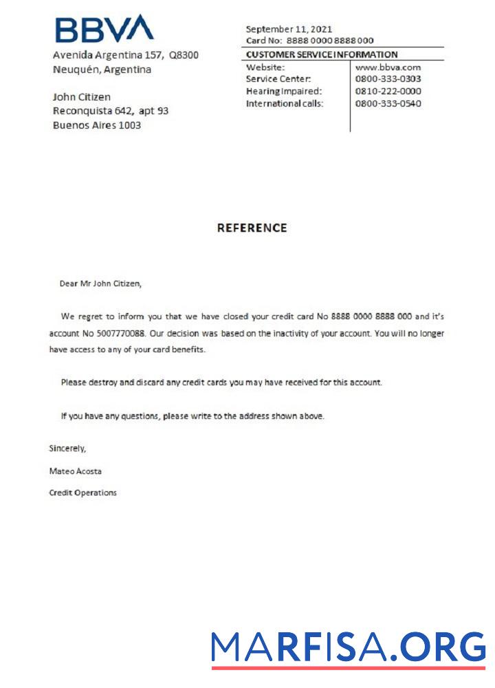 Аргентина BBVA Банковский closure Справка образец