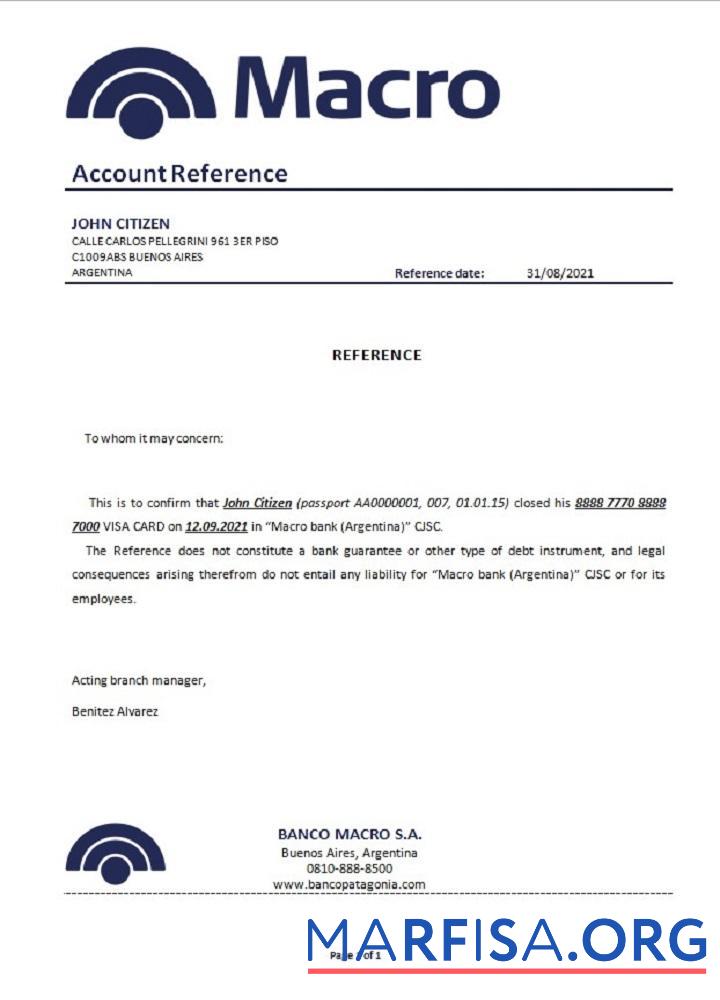 Аргентина Banco Macro closure Справка макет