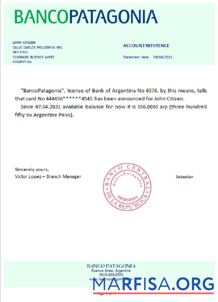 Аргентина Bancopatagonia Справка образец