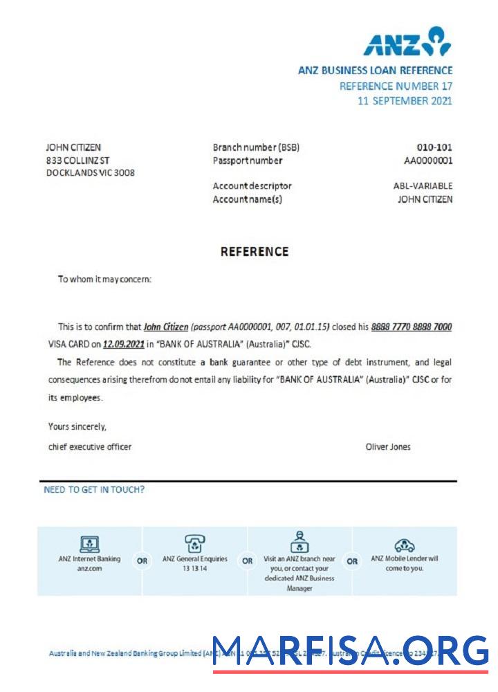 Австралия ANZ Банковский closure Справка образец