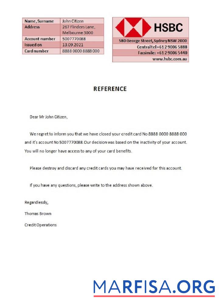 Австралия HSBC closure Справка шаблон