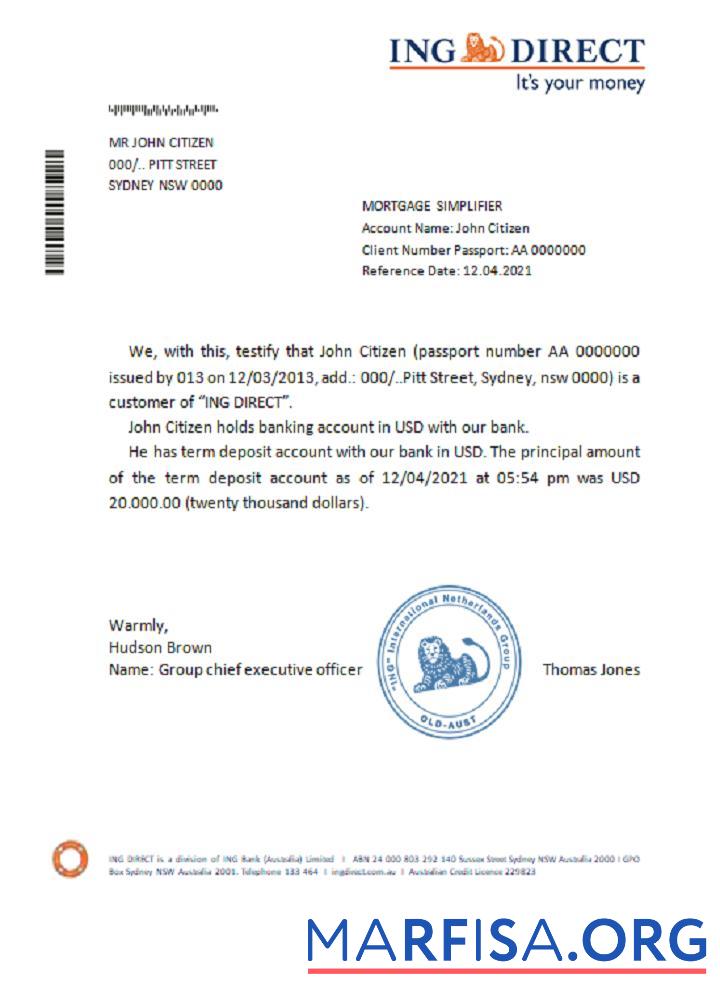 Австралия ING direct Справка образец
