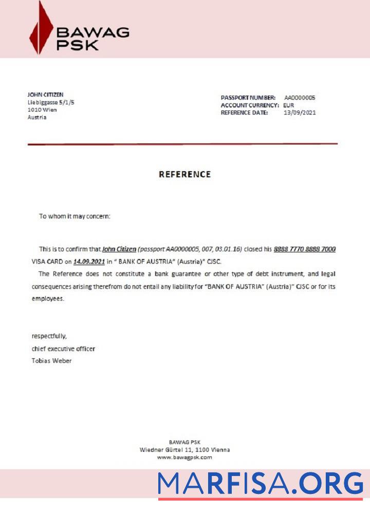 Австрия BAWAG PSK closure Справка дизайн