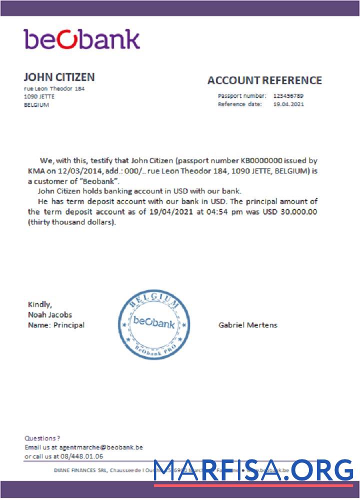 Бельгия Beobank Справка макет