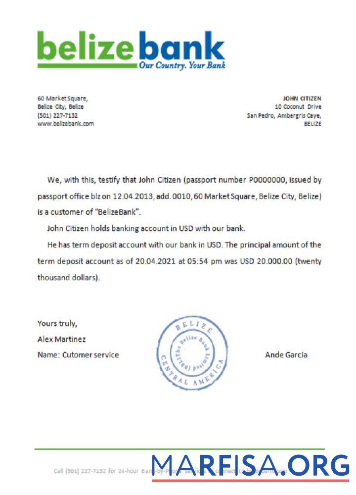 Белиз Belizebank Справка макет