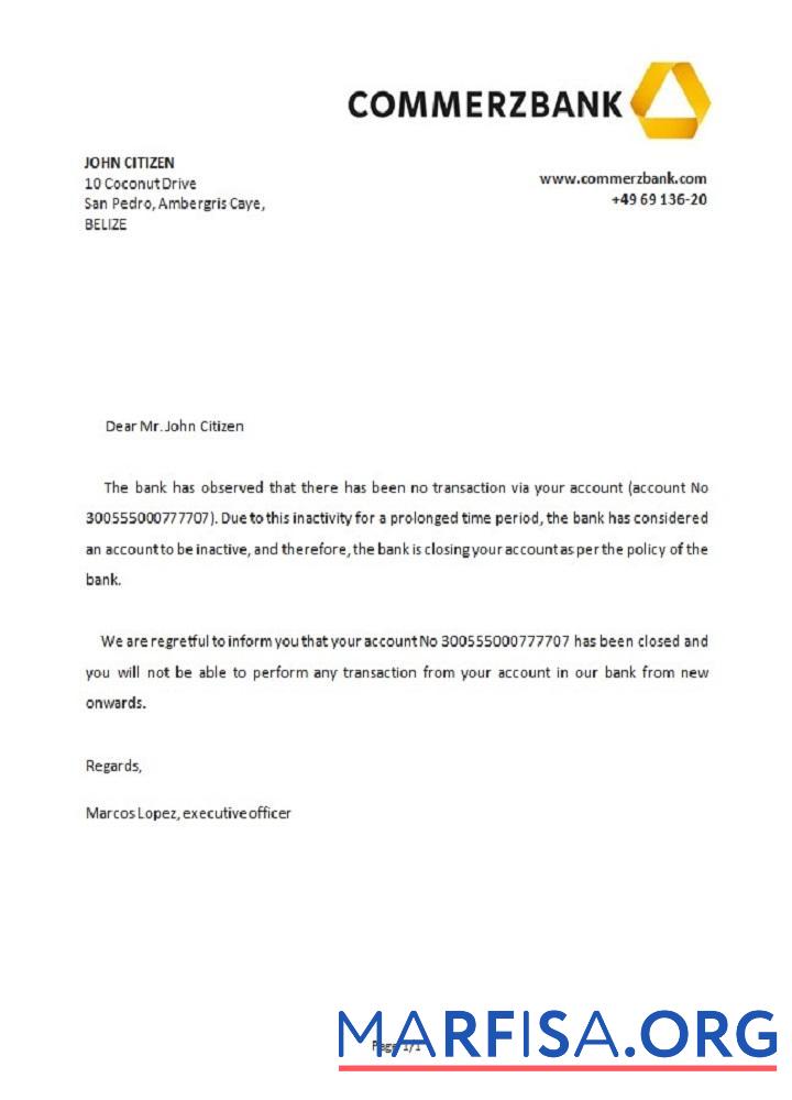 Белиз Commerzbank closure Справка макет