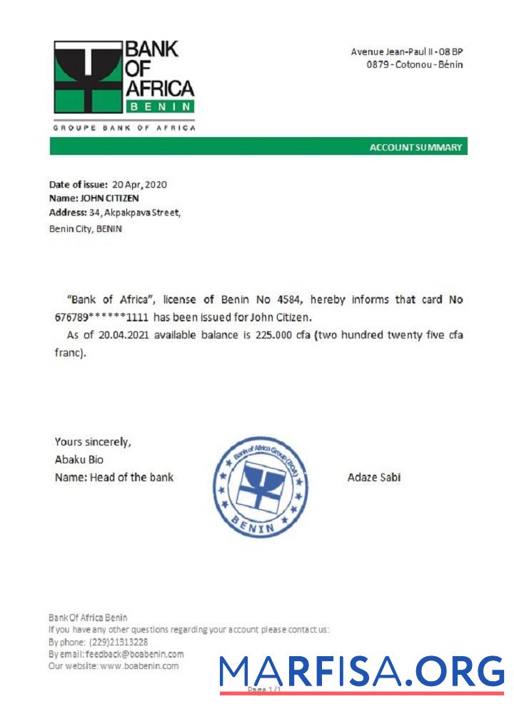 Бенин BankofAfrica Справка дизайн