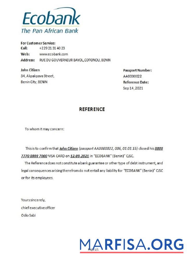 Бенин Ecobank closure Справка дизайн
