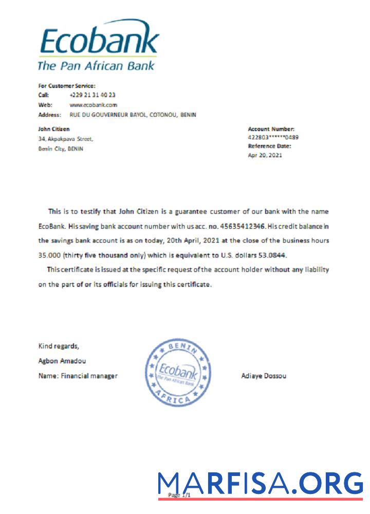 Бенин Ecobank Справка дизайн