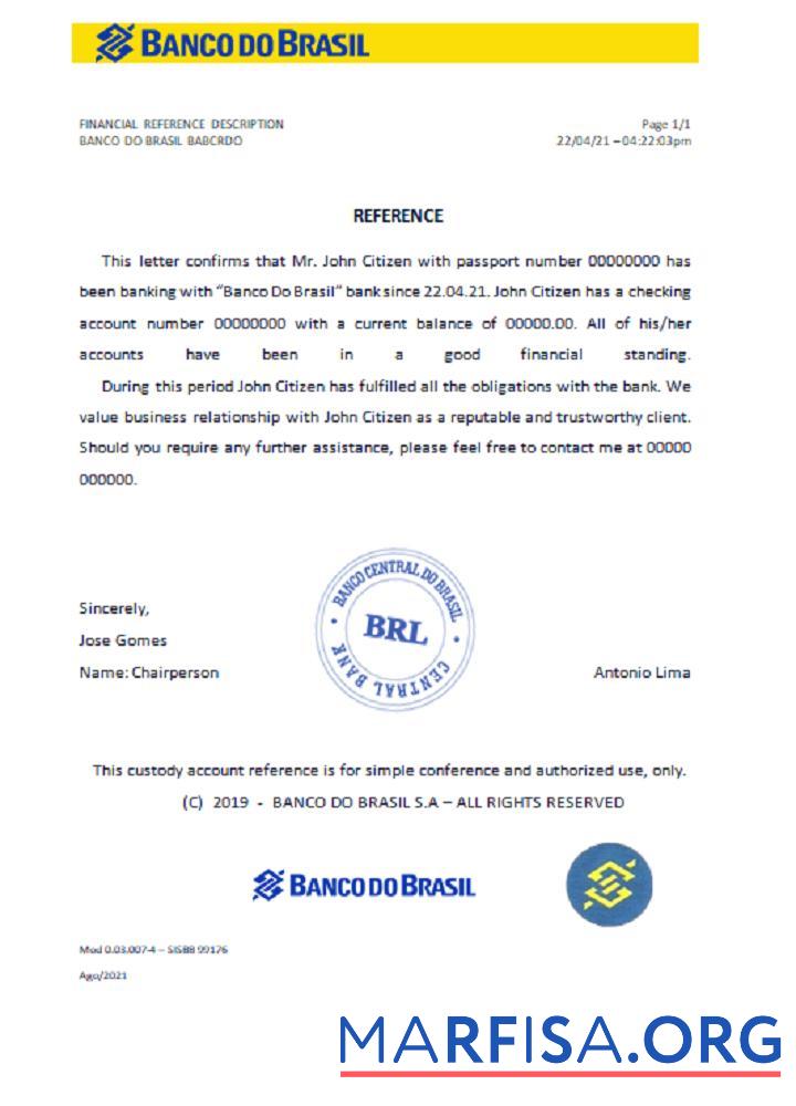 Бразилия Banco do Brasil Справка образец
