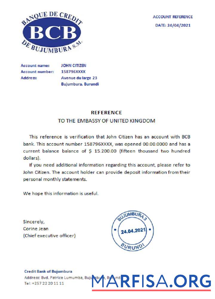 Bujumbura Creditbank Справка макет