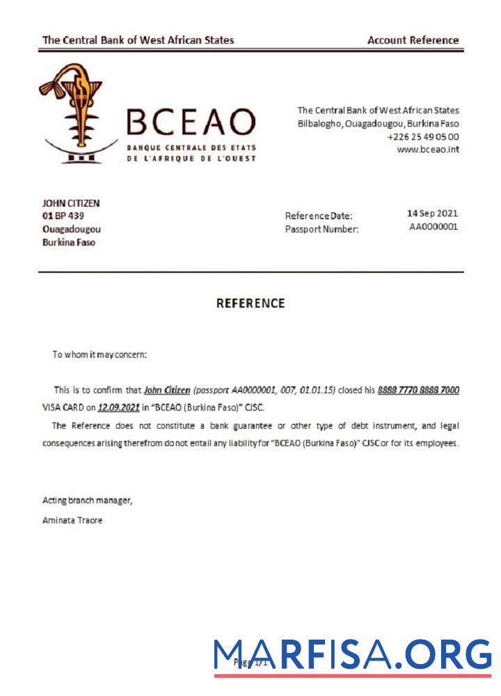 Буркина-Фасо The Central Банковский of West African States closure Справка шаблон