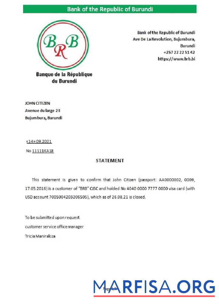 Бурунди The republic Банковский of Бурунди closure Справка образец