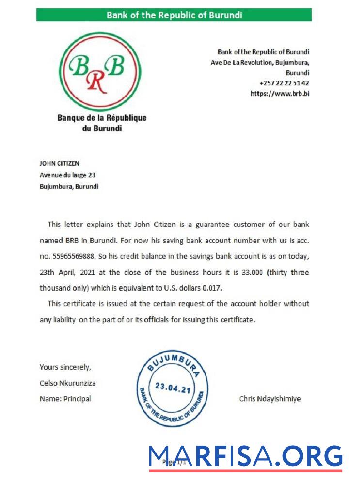 Бурунди The republic Банковский of Бурунди Справка макет