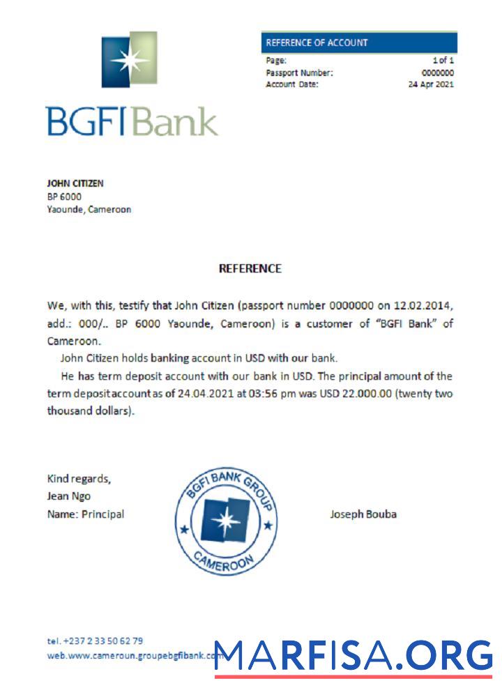 Камерун BGFI Банковский Bonapriso Справка макет