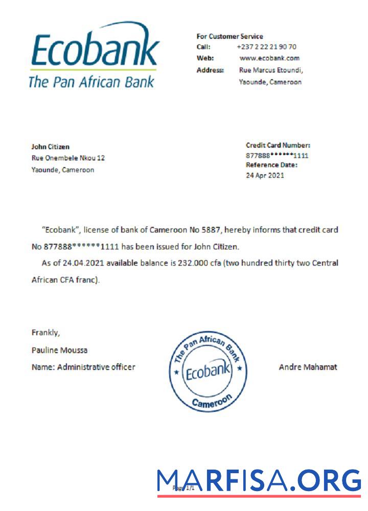 Камерун Ecobank Справка дизайн