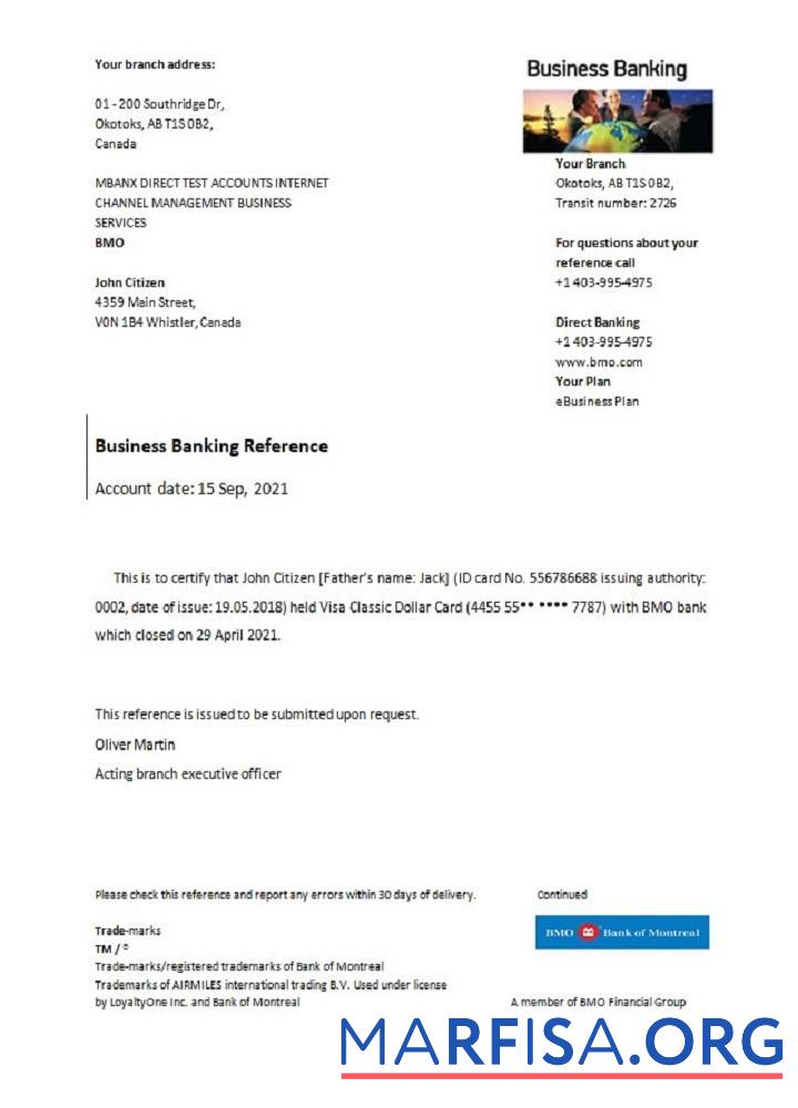 Канада BMO Банковский of Montreal closure Справка макет