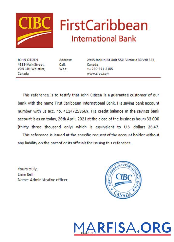 Канада CIBC Банковский Справка предпросмотр