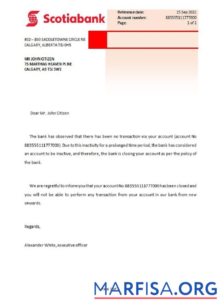 Канада Scotiabank closure Справка образец