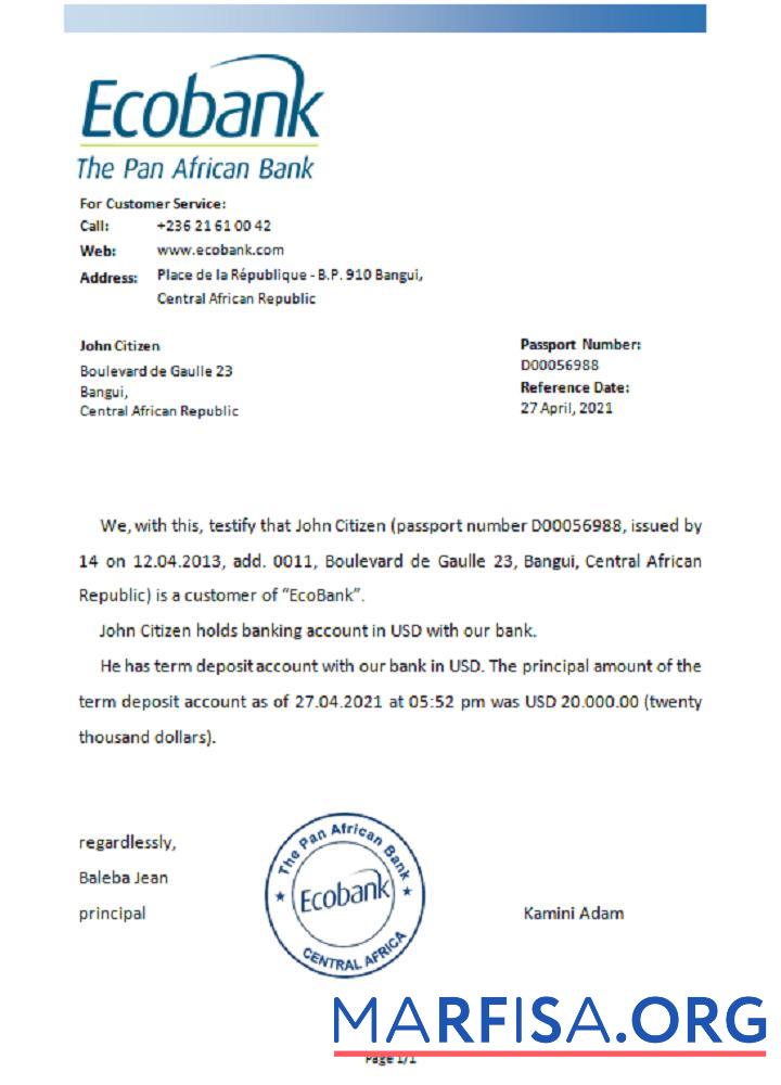 Central Africa Ecobank Справка макет