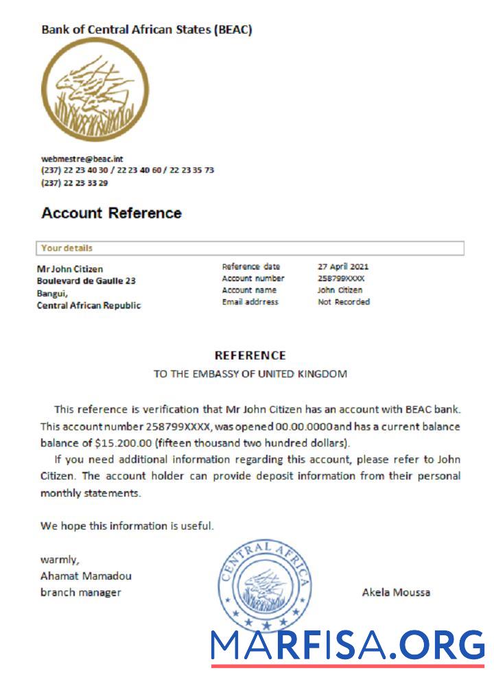 Central Africa republicbank Справка образец