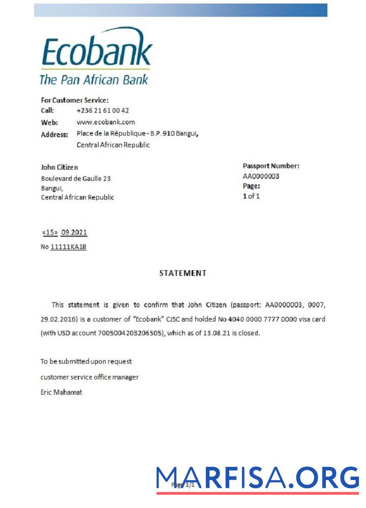 Центральноафриканская Республика Ecobank closure Справка предпросмотр