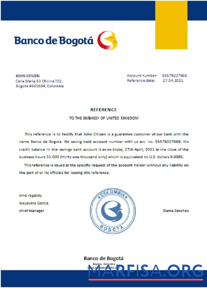 Колумбия Banco de Bogota╠ü Справка шаблон