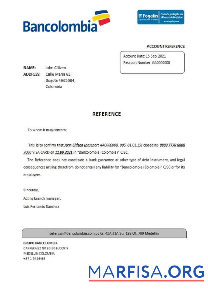 Колумбия Bancolombia closure Справка макет