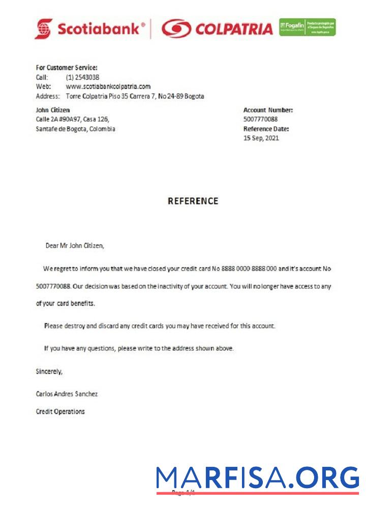 Колумбия Scotiabank Colpatria closure Справка макет