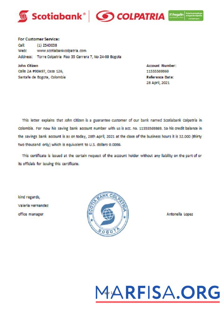 Колумбия Scotiabank Colpatria Справка образец
