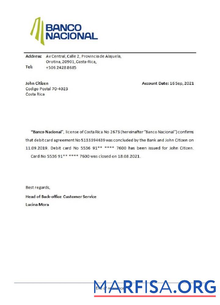 Коста-Рика Banco Nacional closure Справка образец