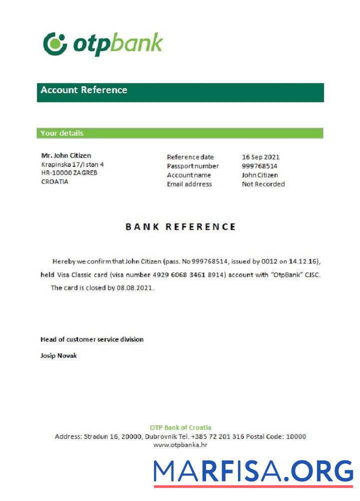Хорватия Otpbank closure Справка дизайн
