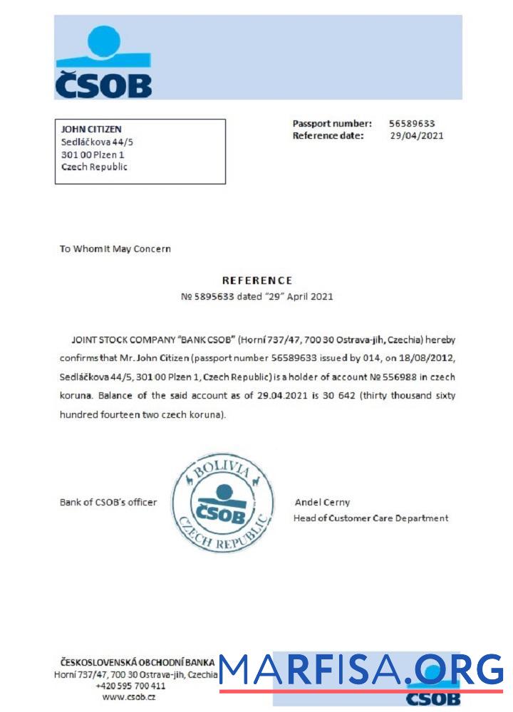 Чехия CSOB Справка шаблон