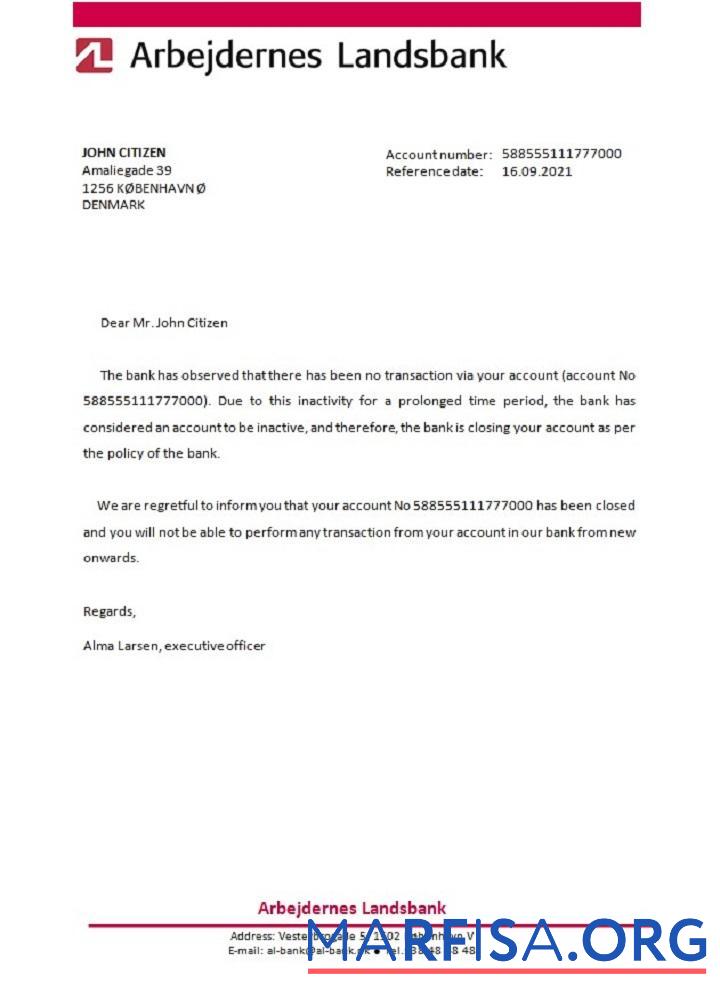 Дания Arbejdernes Landsbank closure Справка предпросмотр