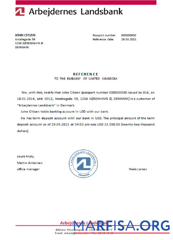 Дания Arbejdernes Landsbank Справка образец