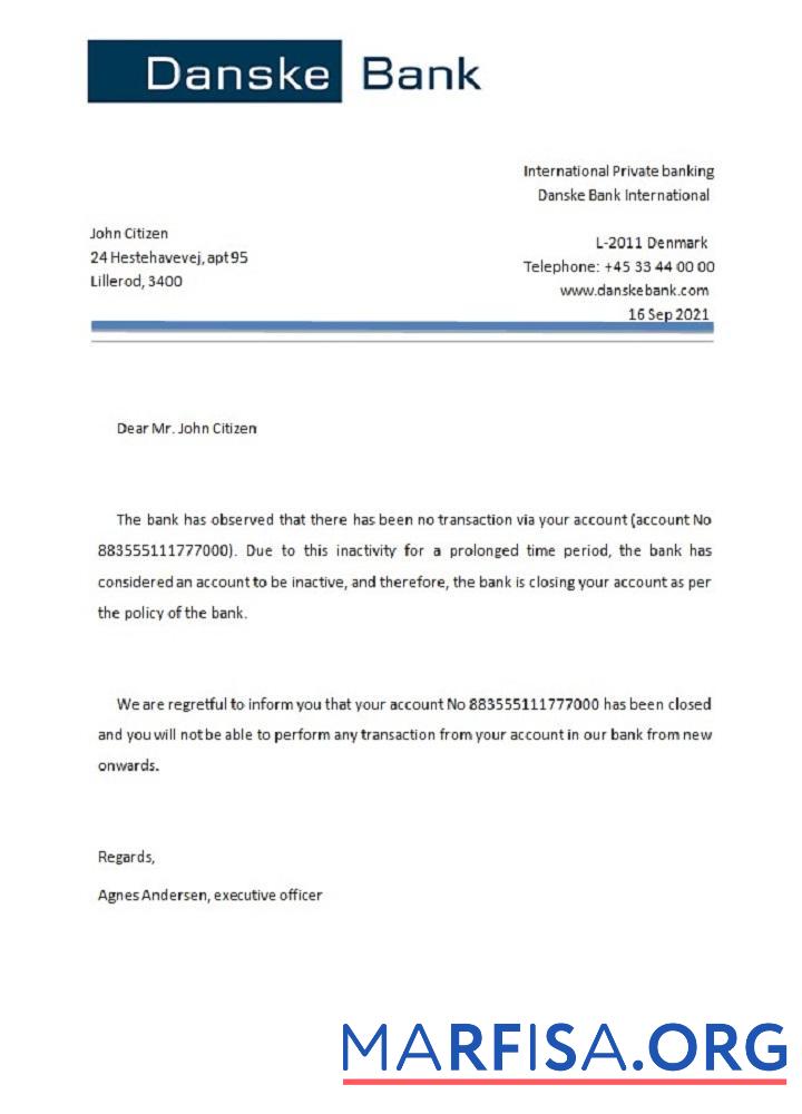 Дания Danskebank closure Справка образец