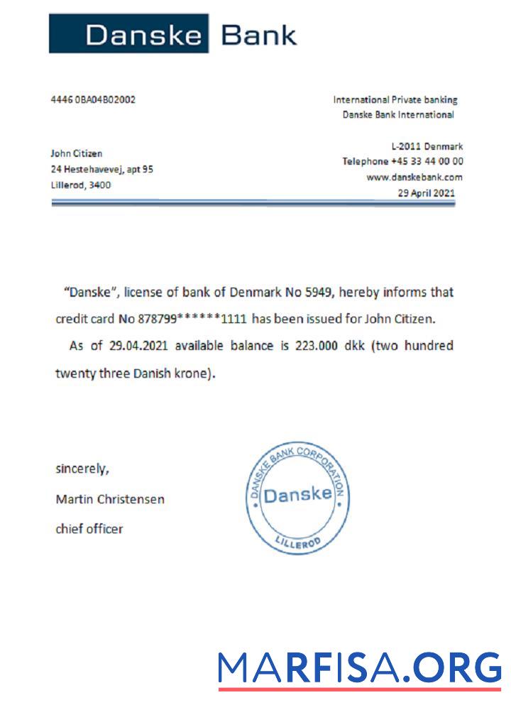 Дания Danskebank Справка макет
