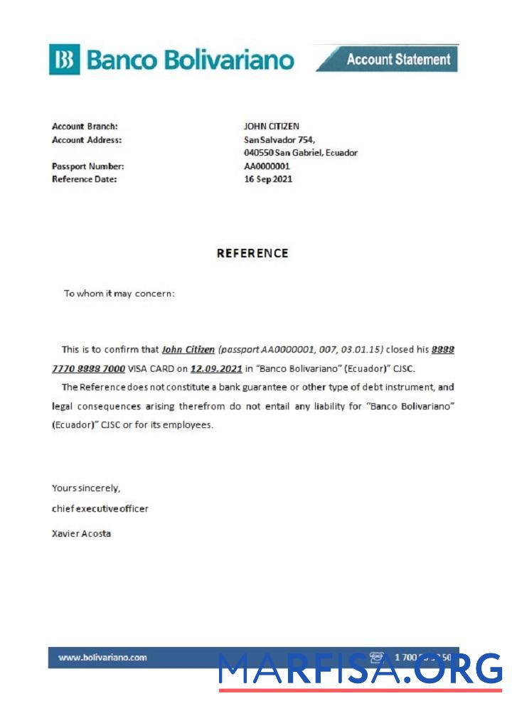 Эквадор Banco Bolivariano Банковский closure Справка предпросмотр
