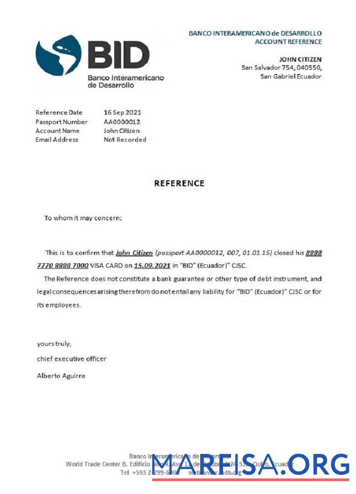 Эквадор Banco Interamericano de Desarrollo closure Справка макет