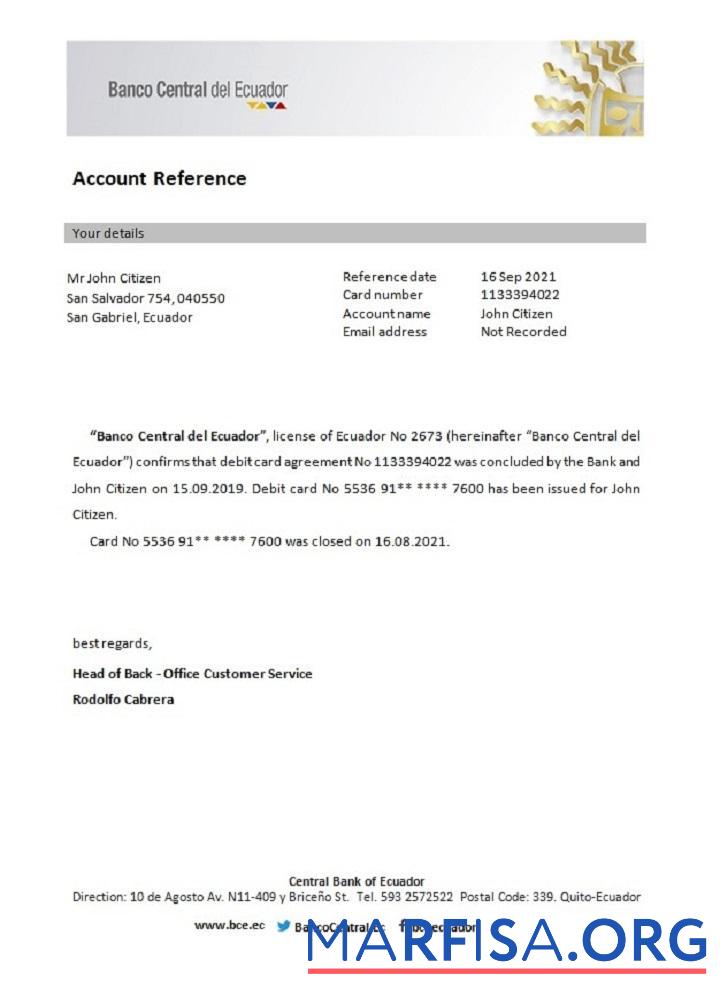 Эквадор Central Банковский of Эквадор closure Справка шаблон
