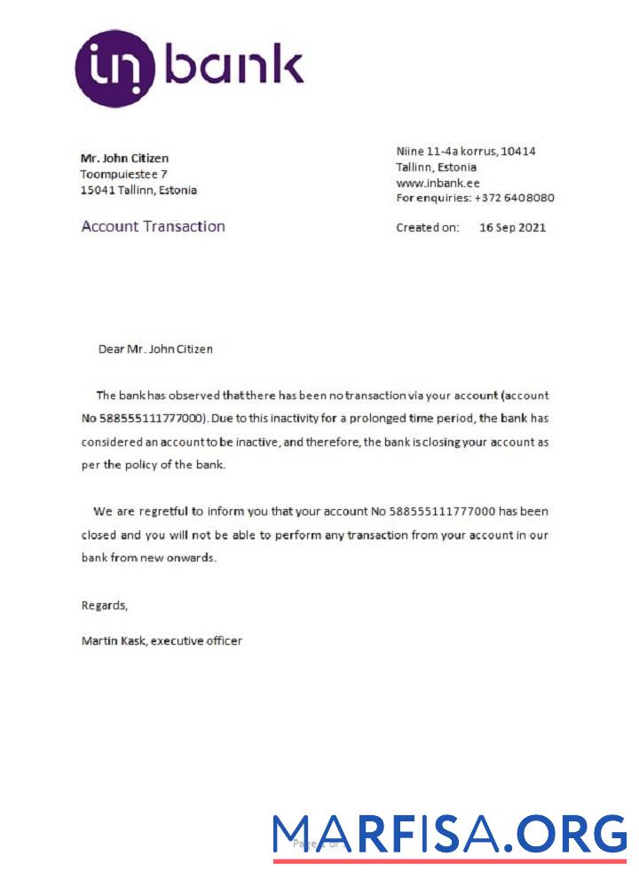 Эстония Inbank closure Справка образец