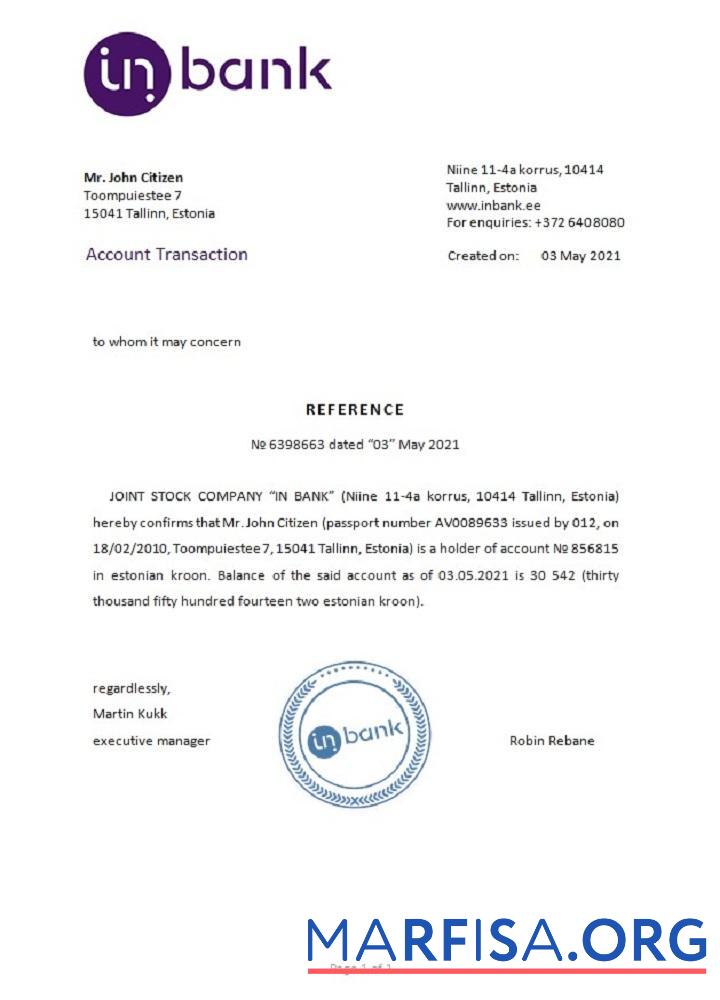 Эстония Inbank Справка образец